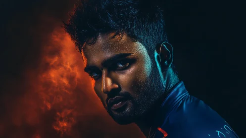 Stormlit portrait of a determined man in molten twilight glow.