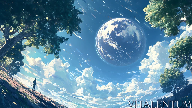 Wonderstruck traveler gazes up at a vast blue world above