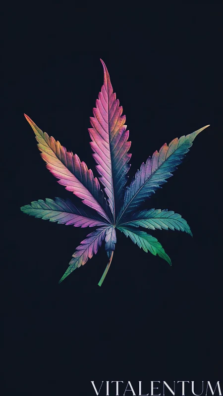 Iridescent cannabis leaf isolated on deep black field.