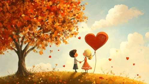 Autumn Love: Digital Illustration of Children Sharing Heart-Shaped Balloon.