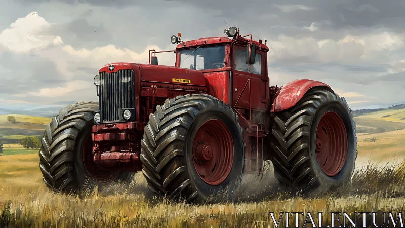 Massive red tractor dominates rolling golden farmlands
