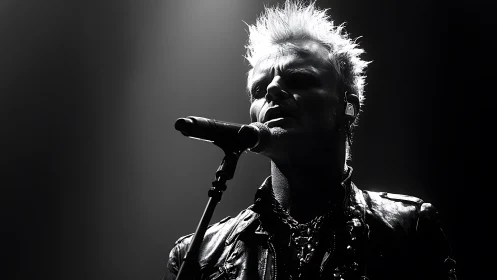 High-contrast monochrome portrait isolates rock vocalist onstage