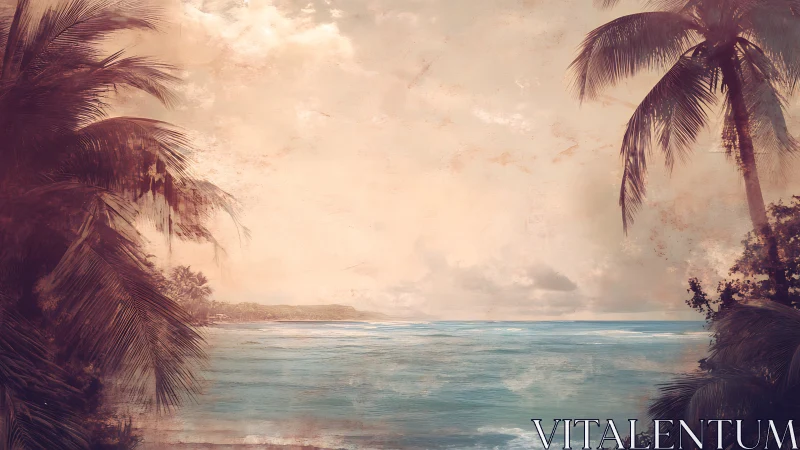 Sepia-Drenched Paradise: Palm Whispers Frame a Turquoise Dream.