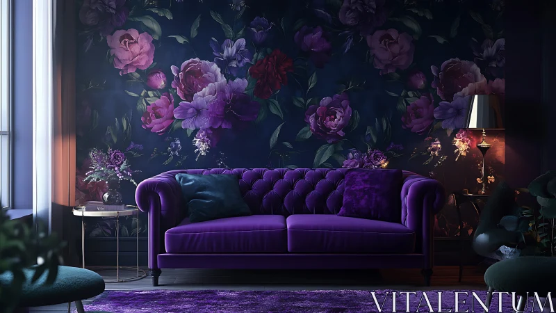 Velvet sofa against nocturnal floral wall in low-key lighting.