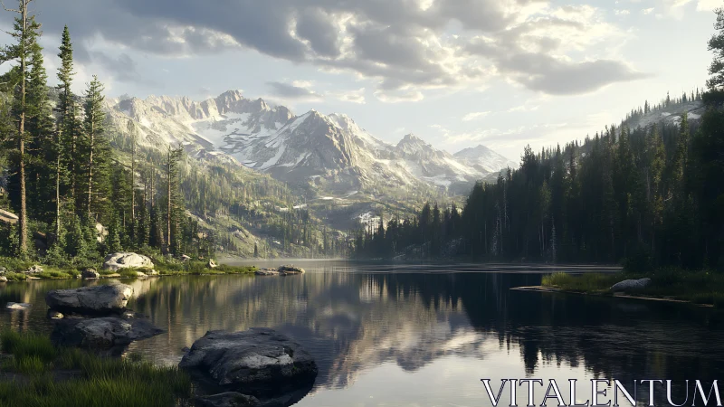 Serene alpine lake mirroring sunlit evergreen mountain range.