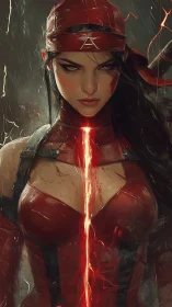 Red-clad female warrior with central vertical energy beam
