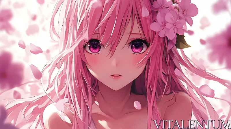 Pink haired anime girl in soft-focus sakura petal portrait