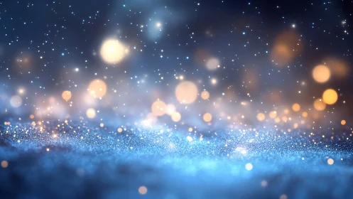 Blue glitter surface with warm glowing bokeh lights.