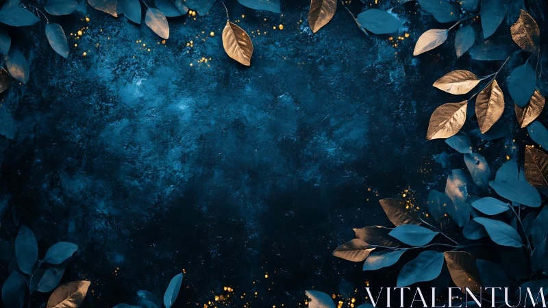 Metallic gold foliage frames textured deep blue background