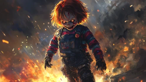 Tiny arsonist strides through molten dusk with wicked delight