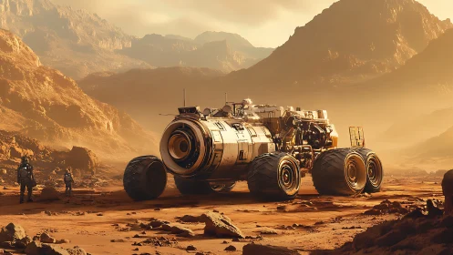 Desert rover rests quietly beneath warm alien mountains.