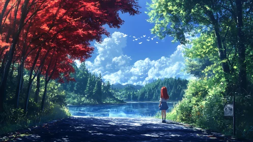 Atmospheric anime lakeside corridor with red maple canopy contrast.