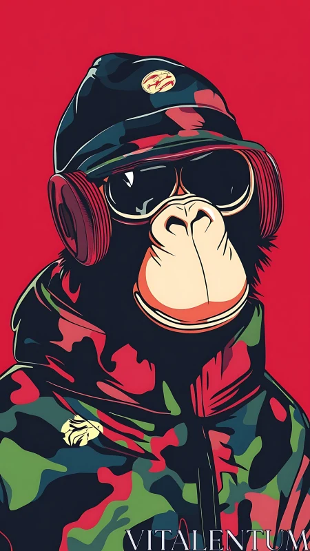 Streetwear monkey portrait in bold camouflage vector art.