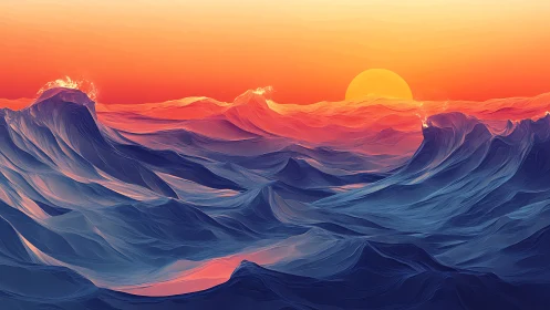 Radiant sunset glides over swirling sapphire digital waves
