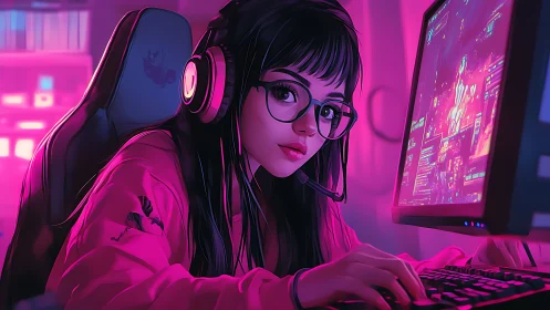 Neon-lit female gamer at RGB setup in pink digital studio