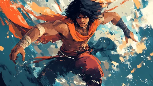 Kinetic warrior charge in dynamic digital brush turbulence.