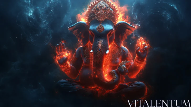 Fiery elephant deity floats in glowing cosmic void