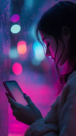 Young woman glows in neon rain while absorbed in her phone