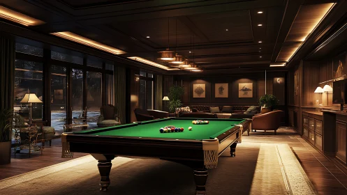 Billiard balls wait patiently in a hushed winter lounge glow