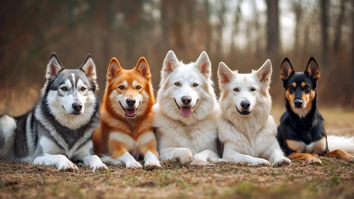 Five relaxed dogs rest together on a soft forest floor.