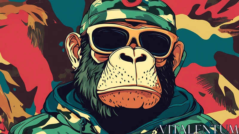 Camouflage streetwear chimp portrait in bold pop colors.