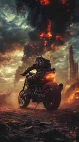 Lone wasteland rider guns through ember-choked storm skies