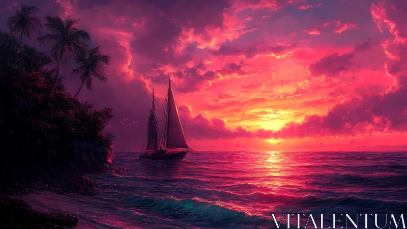 High-saturation tropical seascape with silhouetted sailing vessel at sunset