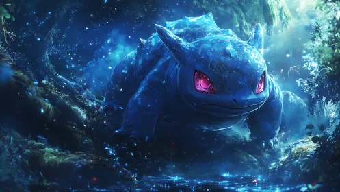 Mythic blue beast advancing through glowing forest stream.