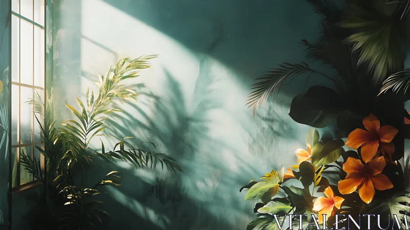 Interior space with tropical plants and filtered natural light