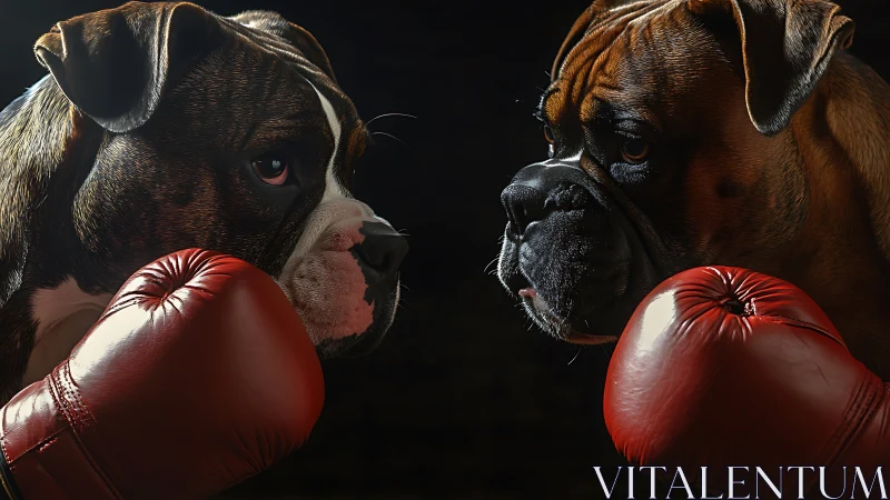Two Muscular Dogs Facing Each Other With Red Boxing Gloves
