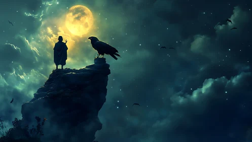 Moonlit summit pact between cloaked wanderer and raven.