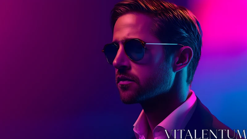 Neon-lit portrait captures cool man in reflective shades.