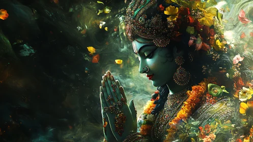 Divine blue figure in prayer amid swirling floral aura.