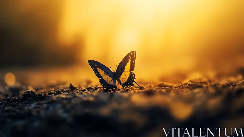 Butterfly silhouette glows against golden sunset ground
