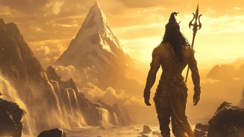 Figure with trident observes illuminated mountain landscape