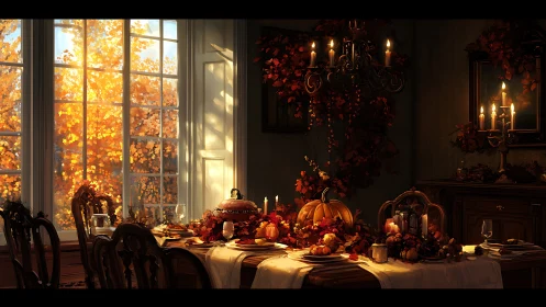 Late-autumn interior banquet under contrasting light regimes.