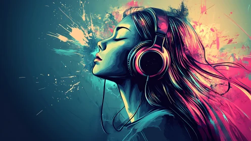 Woman in headphones against neon abstract paint splashes.