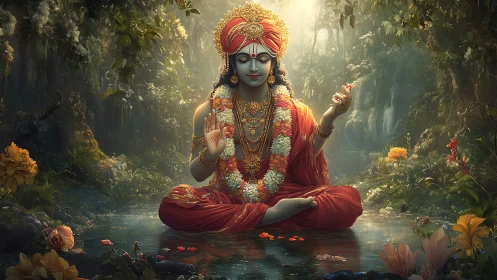 Serene deity in red robes meditating by misty jungle pool.