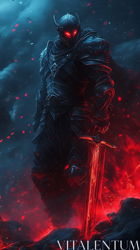 Armored dark knight stands over molten inferno with blade.