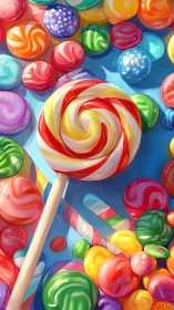 Giant Lollipop Surrounded by Colorful Candy Spheres