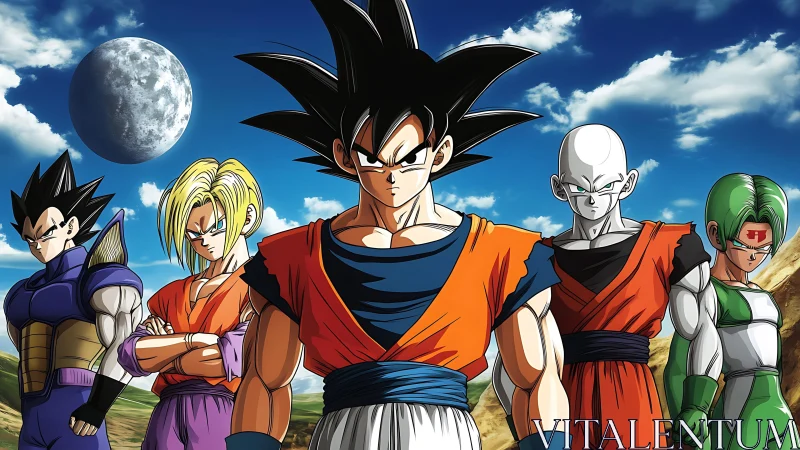 Anime warriors stand united beneath a vast alien sky