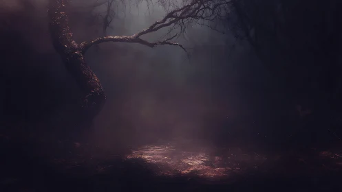 Twisted forest tree looms over a dim, haunted path at dusk