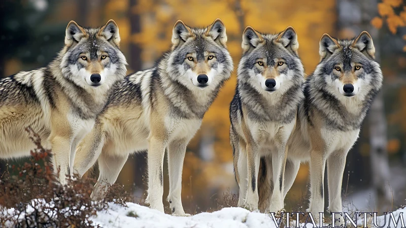 Curious wolf pack standing together in a golden autumn forest.