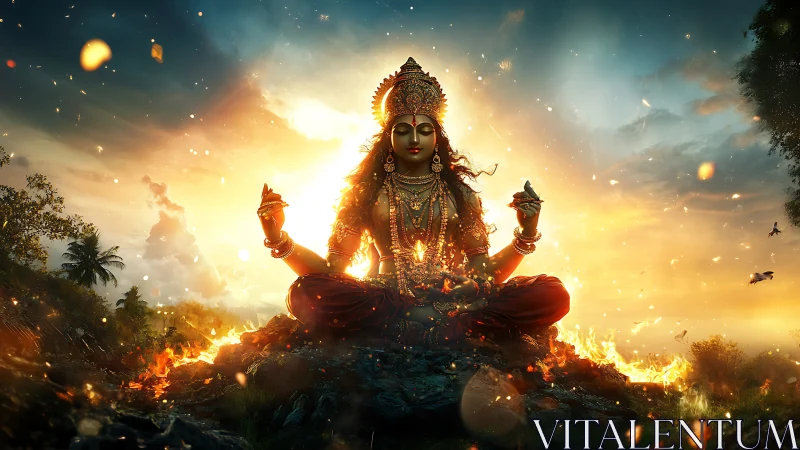 Radiant goddess meditates in a burning, celestial sunrise
