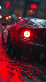 Red sports car tail-light ignites wet neon city street.