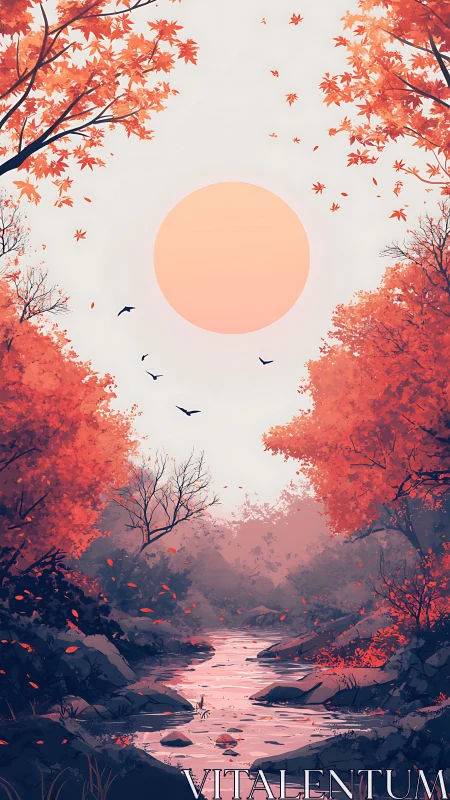 Autumnal riparian corridor under diffused solar disc glow.