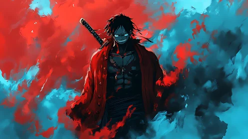 Central figure with sword stands amid red and blue smoke