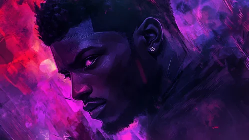 Neon magenta portrait of pensive man in angular side profile