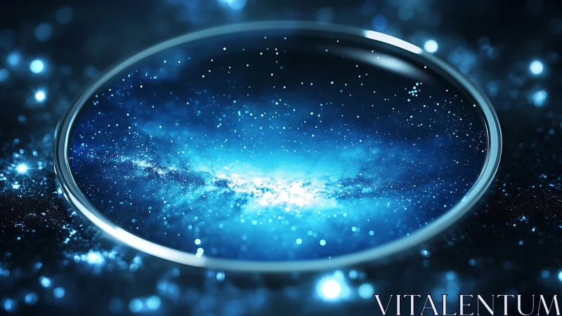 Circular glass portal displays dense blue starfield scene