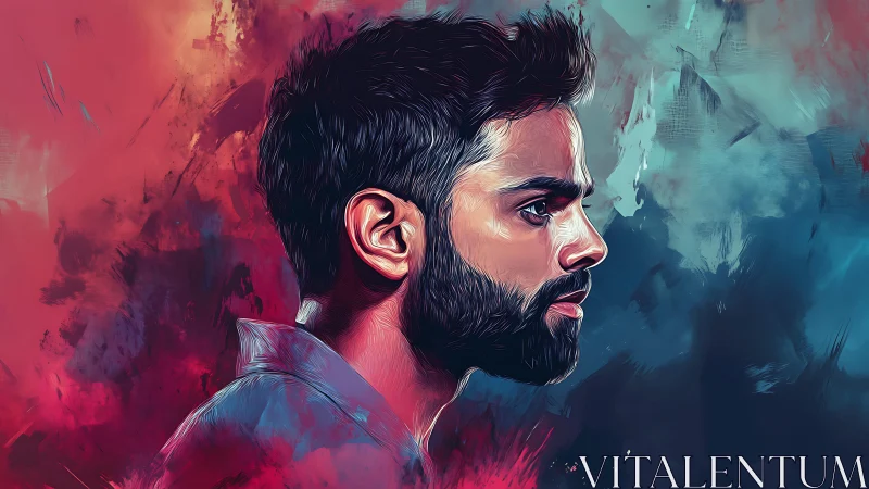 Profile portrait of man in stylized digital color field.